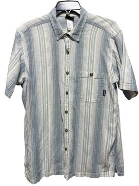 Patagonia Blue and White Striped Short-Sleeve Button-Down Shirt